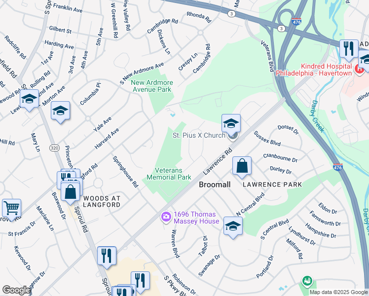 map of restaurants, bars, coffee shops, grocery stores, and more near 2028 Woodside Lane in Broomall