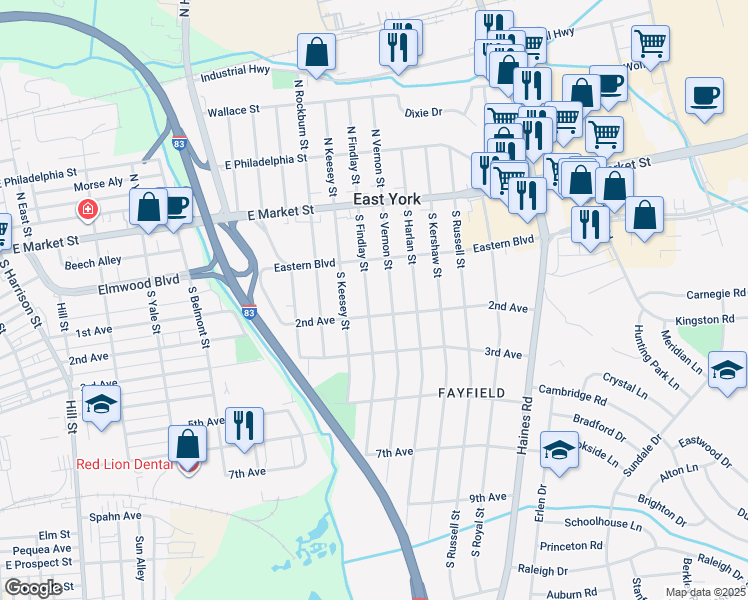 map of restaurants, bars, coffee shops, grocery stores, and more near 139 South Findlay Street in East York