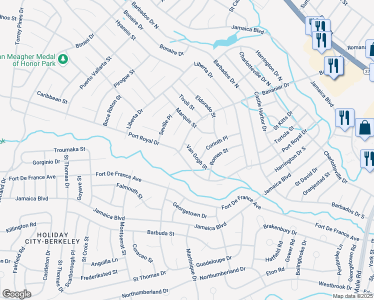 map of restaurants, bars, coffee shops, grocery stores, and more near 28 Van Gogh Street in Toms River