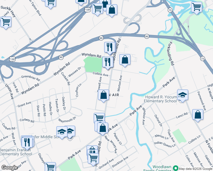 map of restaurants, bars, coffee shops, grocery stores, and more near 8947 Harvey Avenue in Pennsauken Township