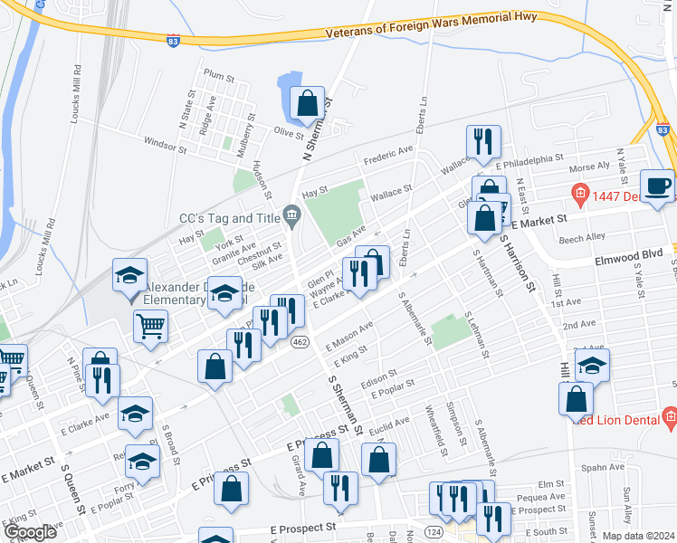 map of restaurants, bars, coffee shops, grocery stores, and more near 60 North Tremont Street in York
