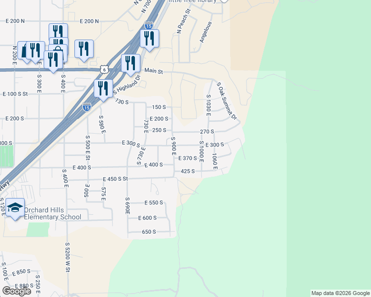 map of restaurants, bars, coffee shops, grocery stores, and more near 940 East South 300 in Santaquin
