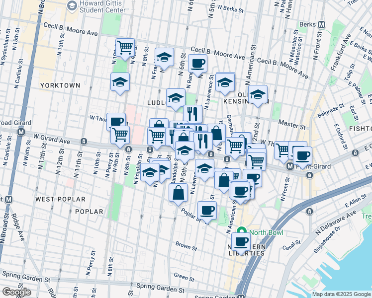 map of restaurants, bars, coffee shops, grocery stores, and more near 511 West Girard Avenue in Philadelphia