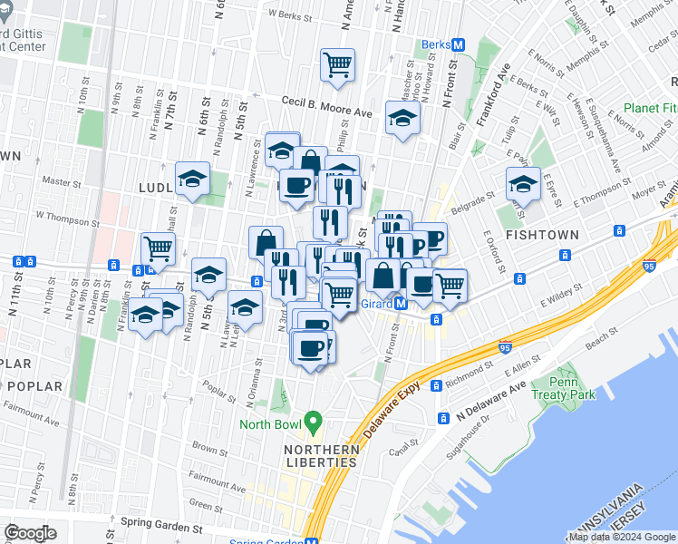 map of restaurants, bars, coffee shops, grocery stores, and more near 1233 North 2nd Street in Philadelphia