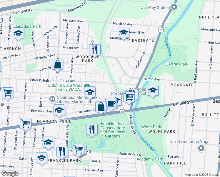 map of restaurants, bars, coffee shops, grocery stores, and more near 126 Brunson Avenue in Columbus