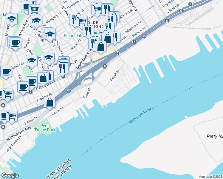 map of restaurants, bars, coffee shops, grocery stores, and more near 3101 Evergreen Walk in Philadelphia