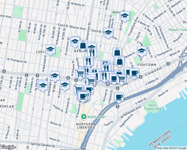 map of restaurants, bars, coffee shops, grocery stores, and more near 1237 North Palethorp Street in Philadelphia