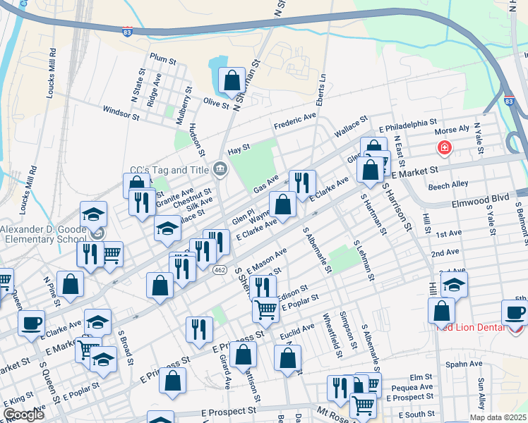 map of restaurants, bars, coffee shops, grocery stores, and more near 51 North Tremont Street in York