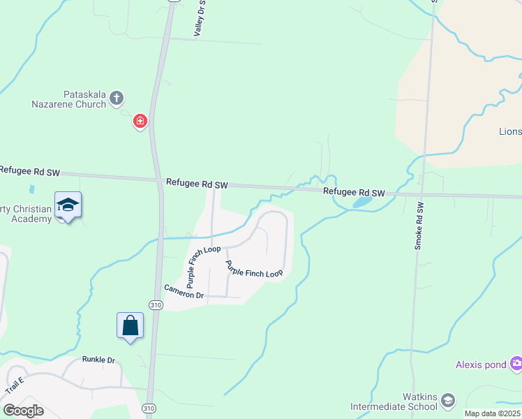 map of restaurants, bars, coffee shops, grocery stores, and more near 143 Purple Finch Loop in Pataskala