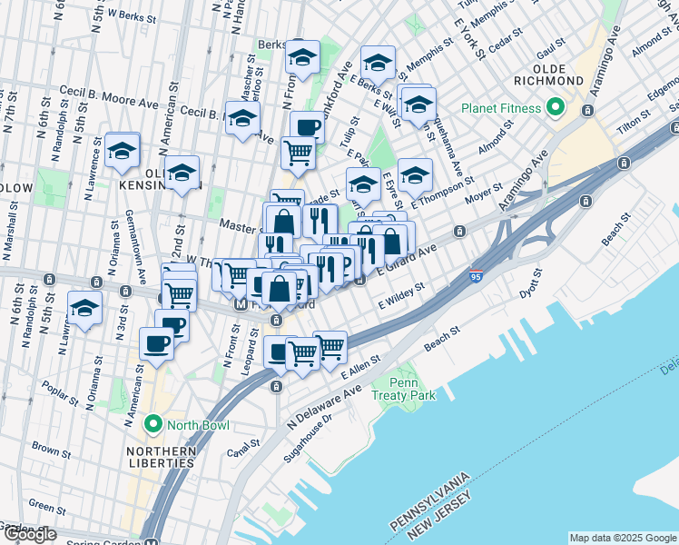 map of restaurants, bars, coffee shops, grocery stores, and more near 1212 East Oxford Street in Philadelphia
