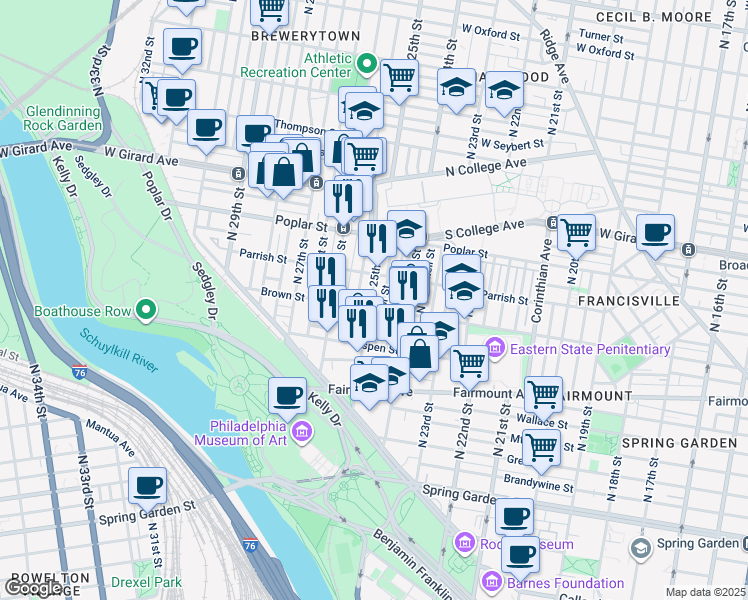 map of restaurants, bars, coffee shops, grocery stores, and more near 809 North 25th Street in Philadelphia
