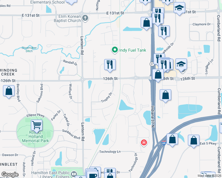 map of restaurants, bars, coffee shops, grocery stores, and more near 12556 Trophy Drive in Fishers
