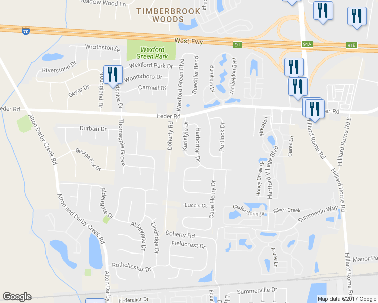 map of restaurants, bars, coffee shops, grocery stores, and more near 954 Karlslyle Drive in Columbus