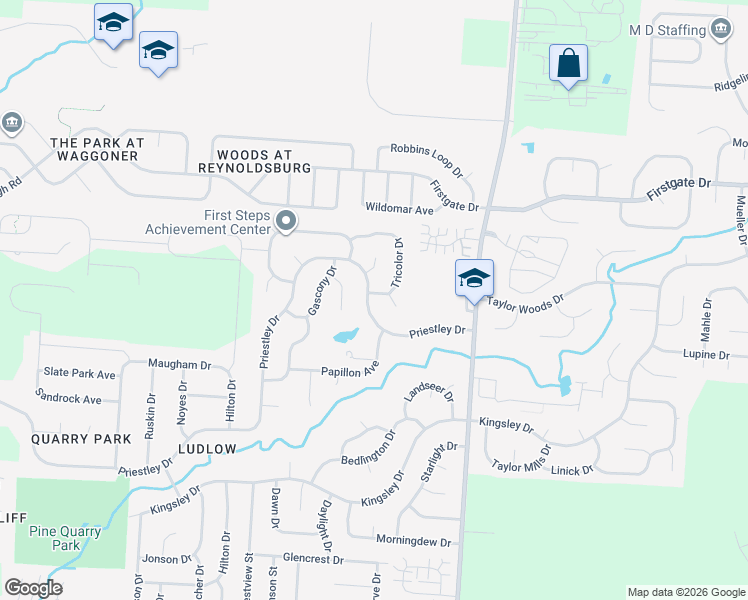 map of restaurants, bars, coffee shops, grocery stores, and more near 8472 Priestley Drive in Reynoldsburg