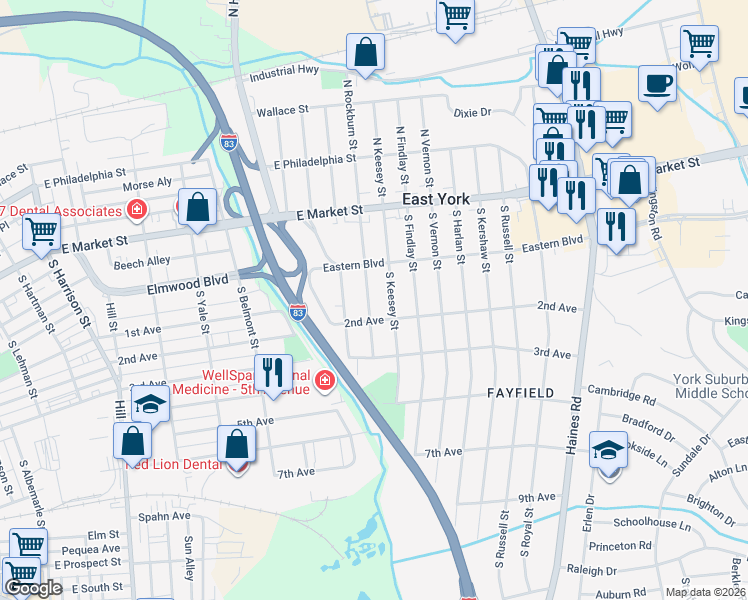 map of restaurants, bars, coffee shops, grocery stores, and more near 121 South Rockburn Street in East York