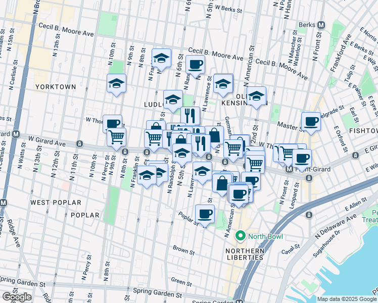 map of restaurants, bars, coffee shops, grocery stores, and more near 441 West Girard Avenue in Philadelphia