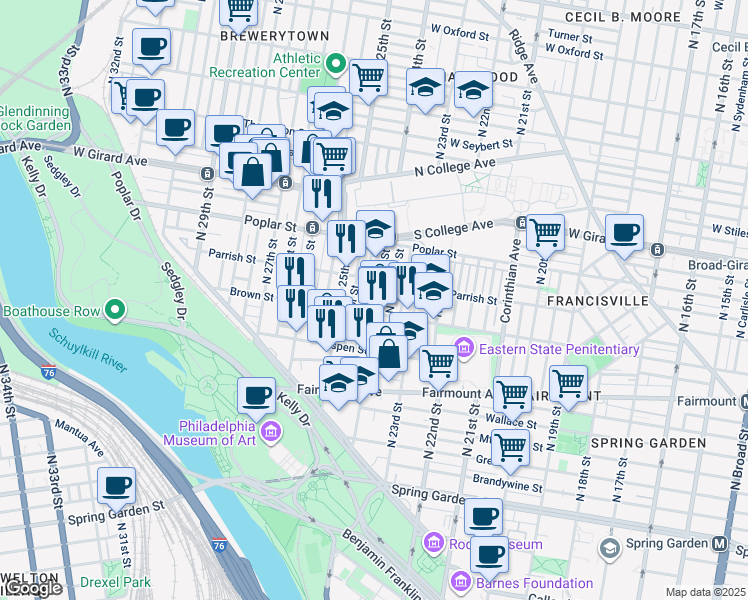 map of restaurants, bars, coffee shops, grocery stores, and more near 814 North 24th Street in Philadelphia