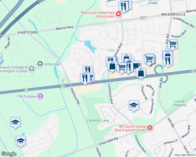 map of restaurants, bars, coffee shops, grocery stores, and more near B5504 Aberdeen Drive in Mount Laurel Township