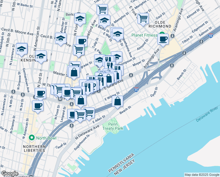 map of restaurants, bars, coffee shops, grocery stores, and more near 442 East Girard Avenue in Philadelphia