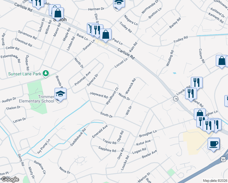 map of restaurants, bars, coffee shops, grocery stores, and more near 2401 Wyndhurst Court in Shiloh