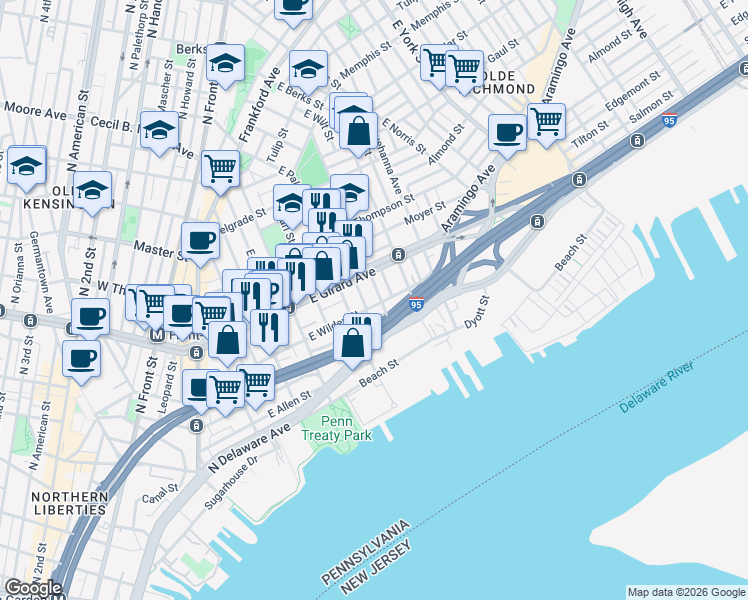 map of restaurants, bars, coffee shops, grocery stores, and more near 1116 East Eyre Street in Philadelphia
