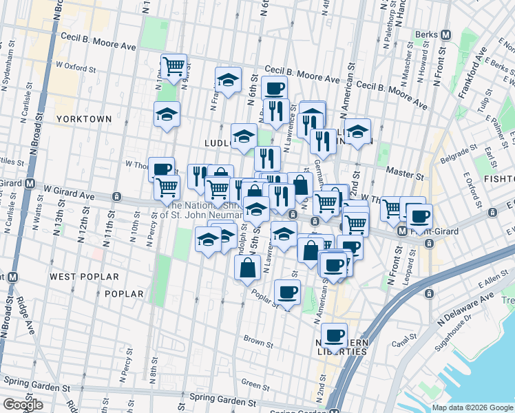 map of restaurants, bars, coffee shops, grocery stores, and more near in Philadelphia