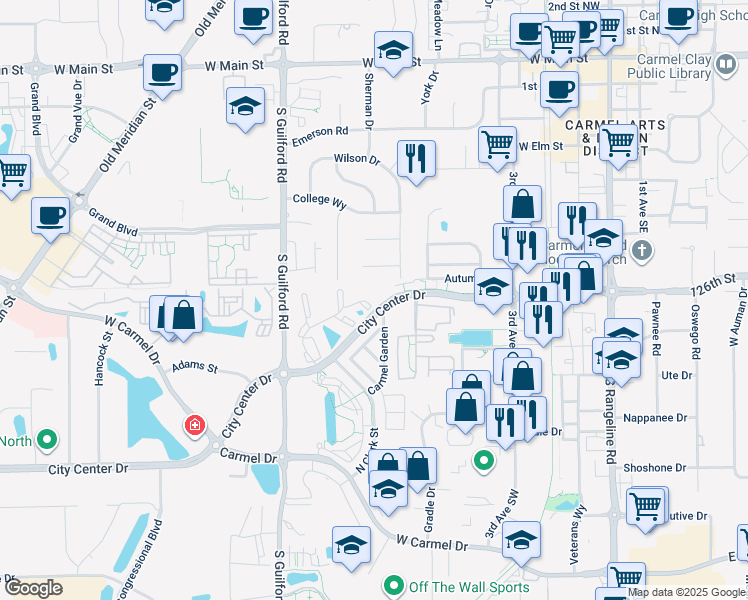 map of restaurants, bars, coffee shops, grocery stores, and more near 1098 Timber Creek Drive in Carmel