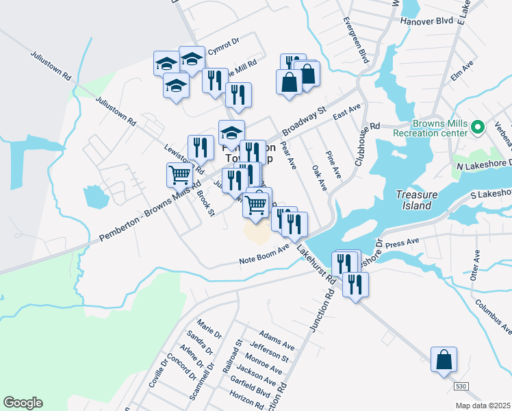 map of restaurants, bars, coffee shops, grocery stores, and more near 16 Juliustown Road in Burlington County