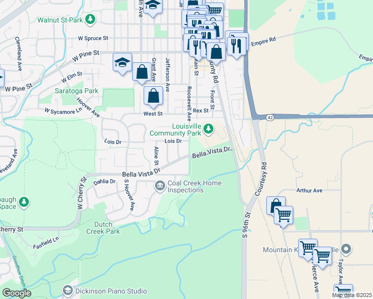 map of restaurants, bars, coffee shops, grocery stores, and more near 109 Bella Vista Drive in Louisville