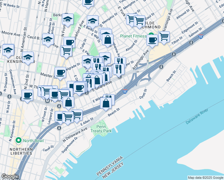 map of restaurants, bars, coffee shops, grocery stores, and more near 1116 East Eyre Street in Philadelphia