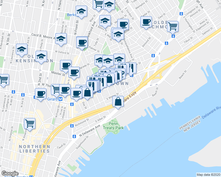 map of restaurants, bars, coffee shops, grocery stores, and more near in Philadelphia