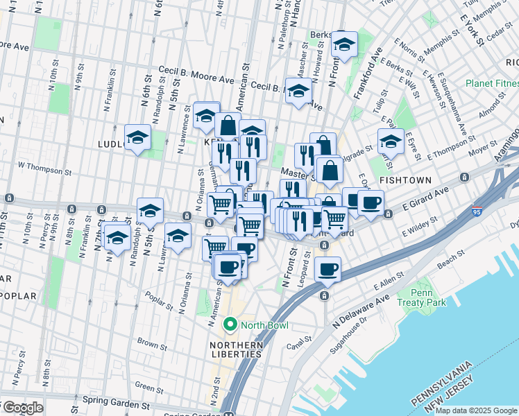 map of restaurants, bars, coffee shops, grocery stores, and more near 1247 North Hancock Street in Philadelphia
