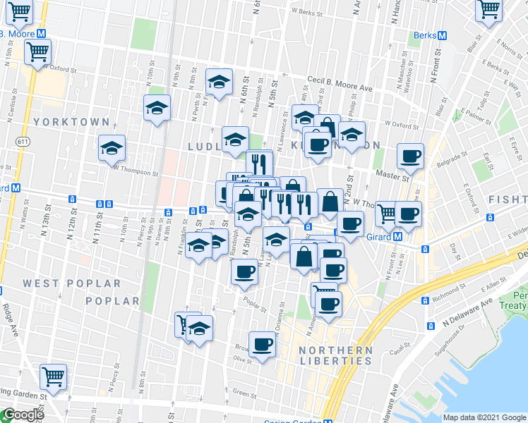 map of restaurants, bars, coffee shops, grocery stores, and more near 1200 North Orkney Street in Philadelphia