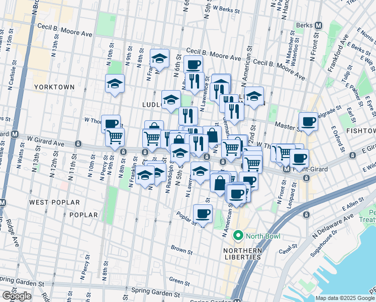 map of restaurants, bars, coffee shops, grocery stores, and more near 1200 North Orkney Street in Philadelphia