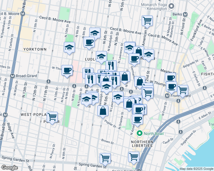 map of restaurants, bars, coffee shops, grocery stores, and more near 511 West Girard Avenue in Philadelphia