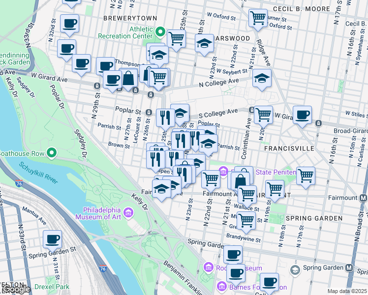 map of restaurants, bars, coffee shops, grocery stores, and more near 822 North Judson Street in Philadelphia