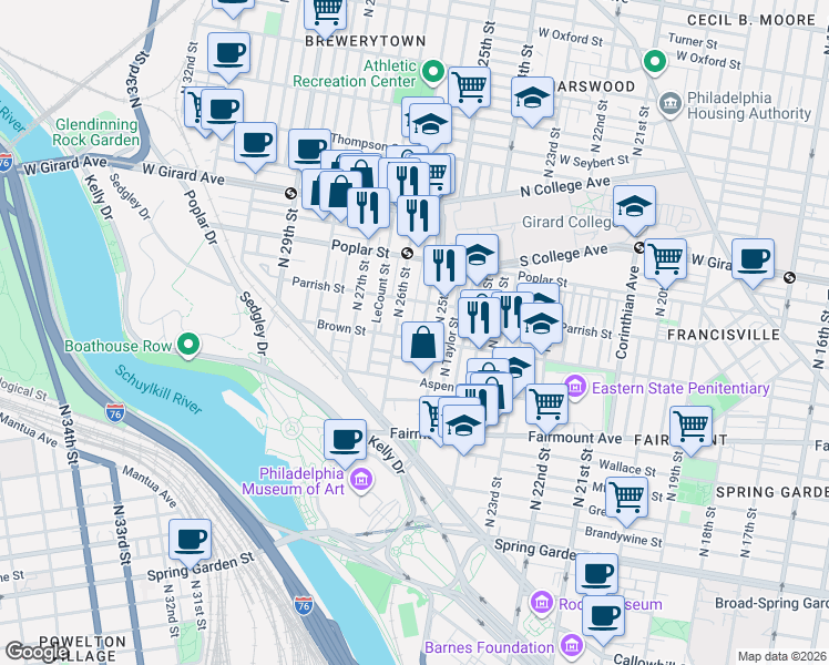 map of restaurants, bars, coffee shops, grocery stores, and more near 811 North Stillman Street in Philadelphia