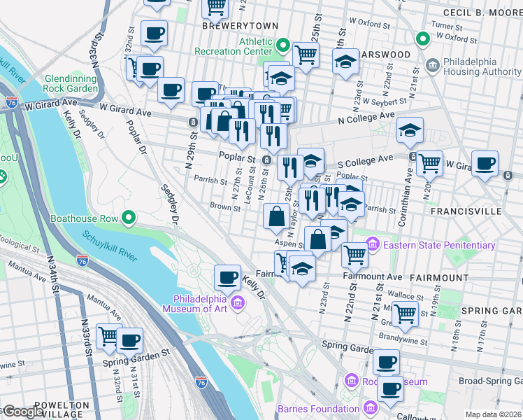 map of restaurants, bars, coffee shops, grocery stores, and more near 2611 Brown Street in Philadelphia