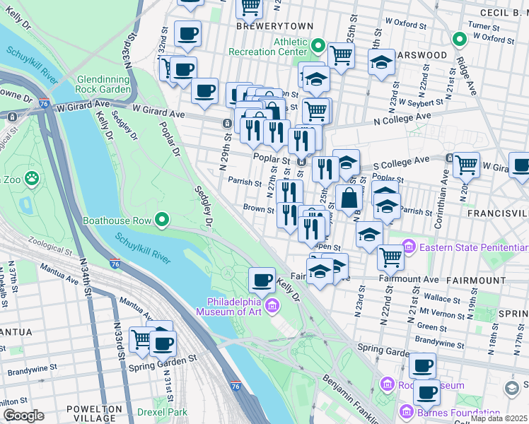 map of restaurants, bars, coffee shops, grocery stores, and more near 2704 Brown Street in Philadelphia