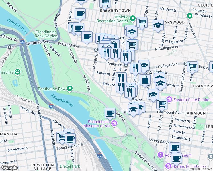 map of restaurants, bars, coffee shops, grocery stores, and more near 2704 Brown Street in Philadelphia
