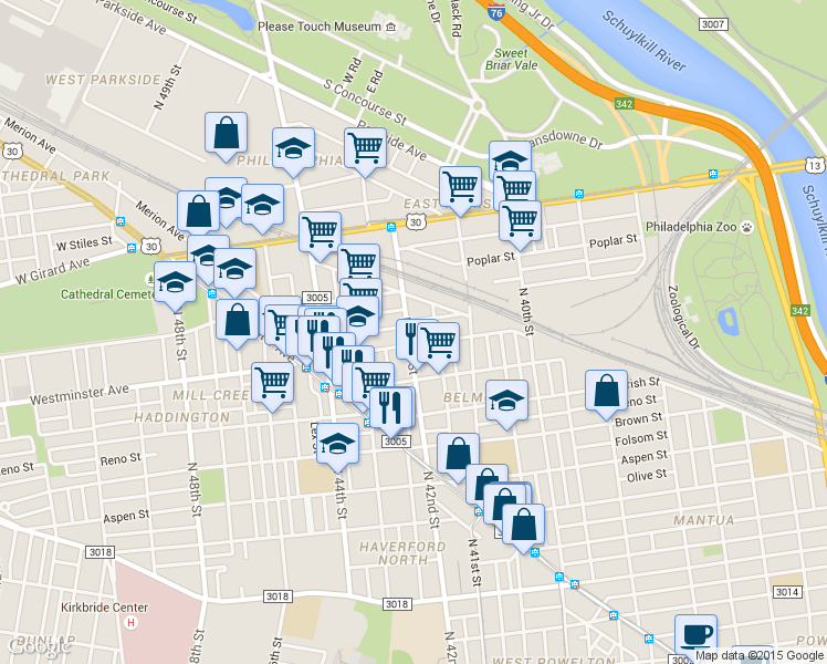 map of restaurants, bars, coffee shops, grocery stores, and more near 918 North 42nd Street in Philadelphia