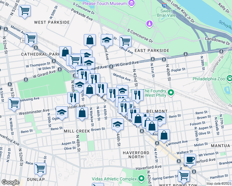 map of restaurants, bars, coffee shops, grocery stores, and more near 929 Belmont Avenue in Philadelphia