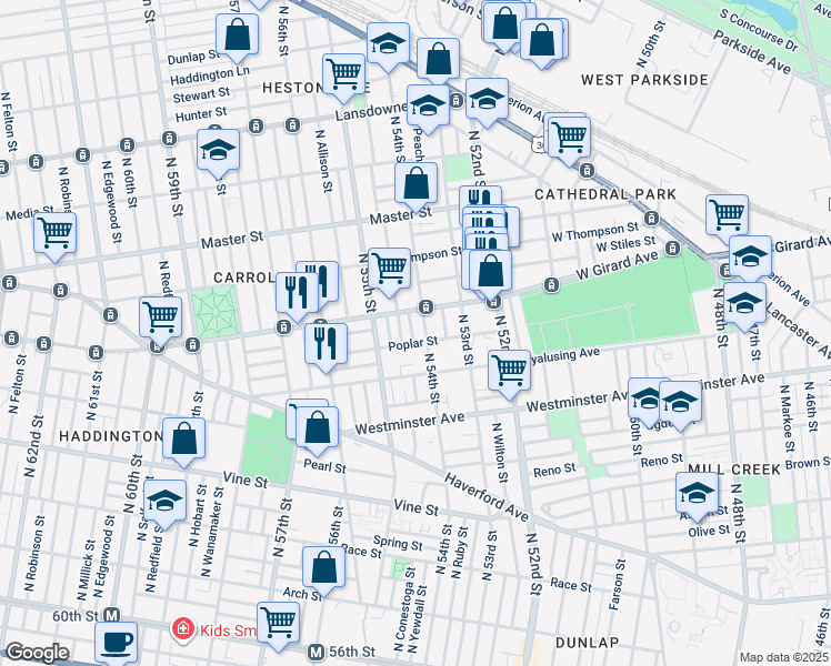 map of restaurants, bars, coffee shops, grocery stores, and more near 657 North Conestoga Street in Philadelphia