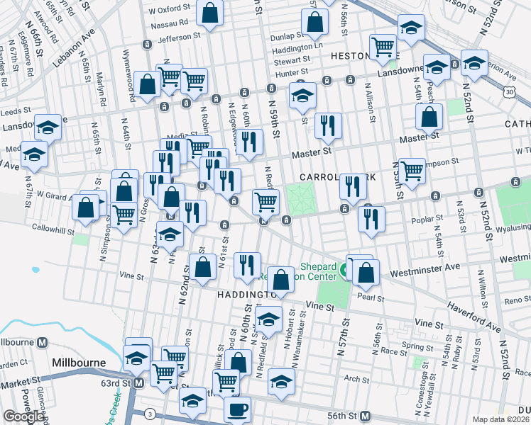 map of restaurants, bars, coffee shops, grocery stores, and more near 1212 North Redfield Street in Philadelphia