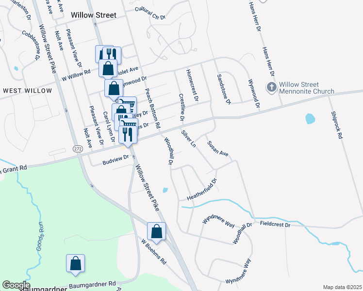 map of restaurants, bars, coffee shops, grocery stores, and more near 25 Greystone Circle in Willow Street
