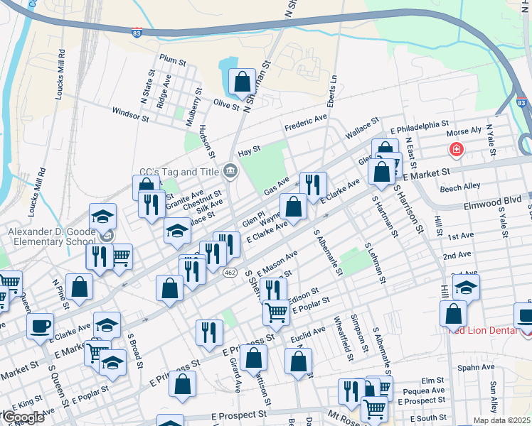 map of restaurants, bars, coffee shops, grocery stores, and more near 60 North Tremont Street in York