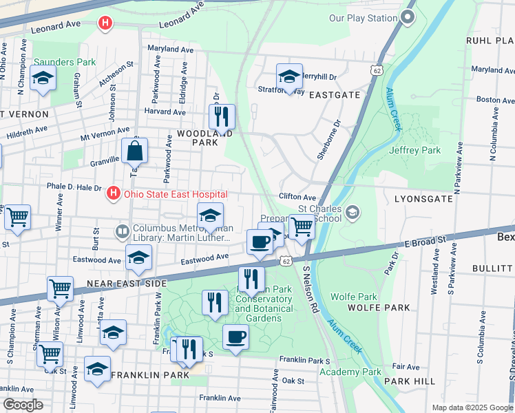 map of restaurants, bars, coffee shops, grocery stores, and more near 126 Brunson Avenue in Columbus