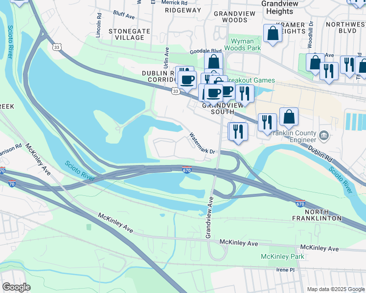 map of restaurants, bars, coffee shops, grocery stores, and more near 678 Mallard Crossing Way in Columbus