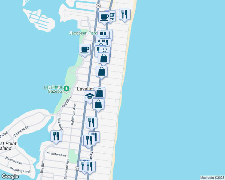 map of restaurants, bars, coffee shops, grocery stores, and more near 9 Camden Avenue in Lavallette