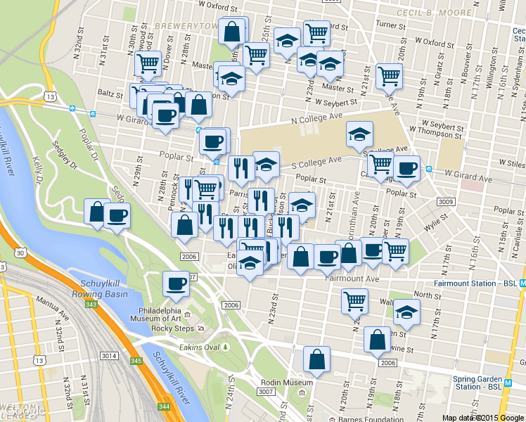map of restaurants, bars, coffee shops, grocery stores, and more near 814 N 24th St in Philadelphia